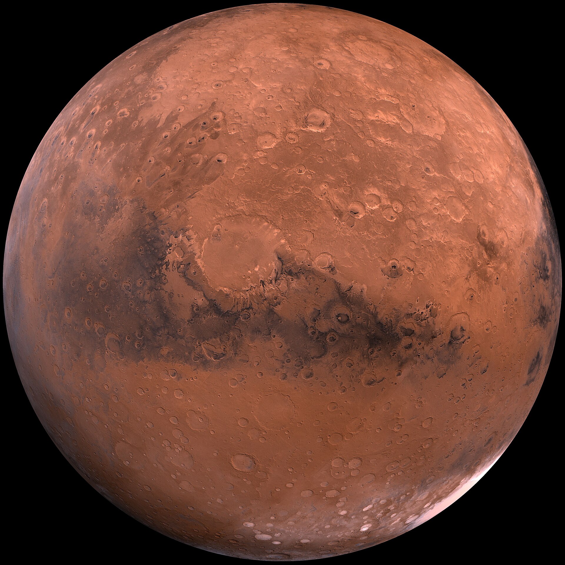 Full disc view of Mars showing reddish terrain and darker regions, a mosaic from the Viking orbiters